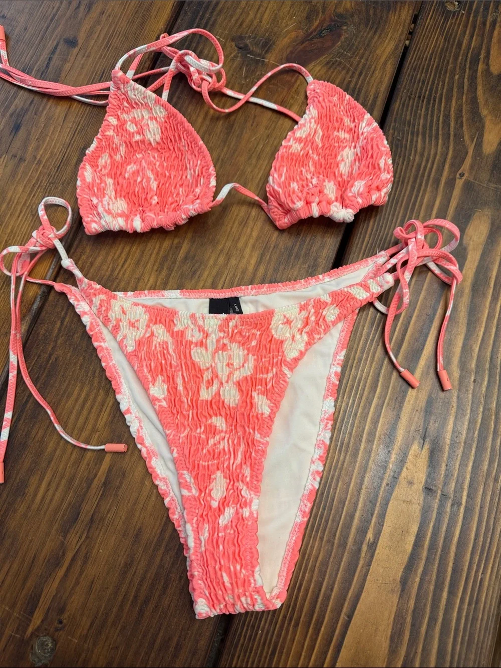 triangl swimwear Coral & Cream Textured Bandeau-Style Bikini